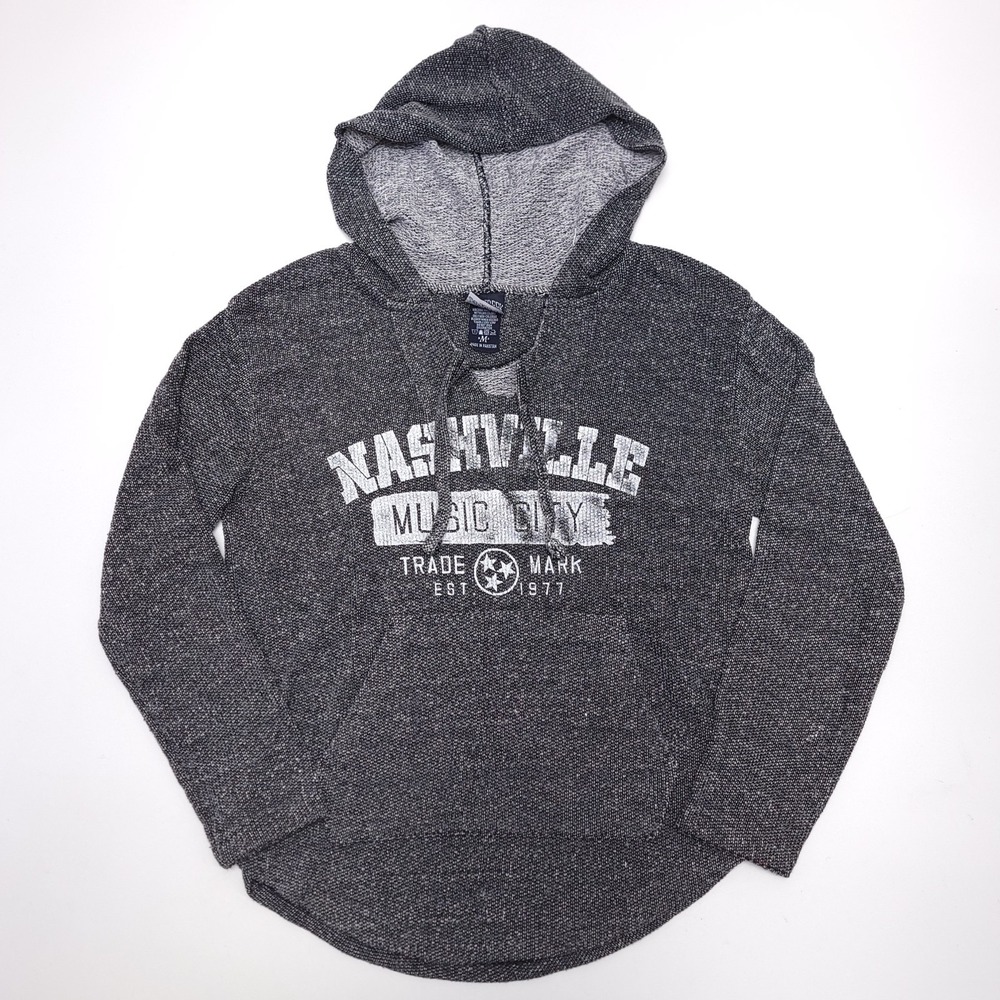Salt Creek Nashville Music City Marled Grey Hoodie Womens Medium Split Neck